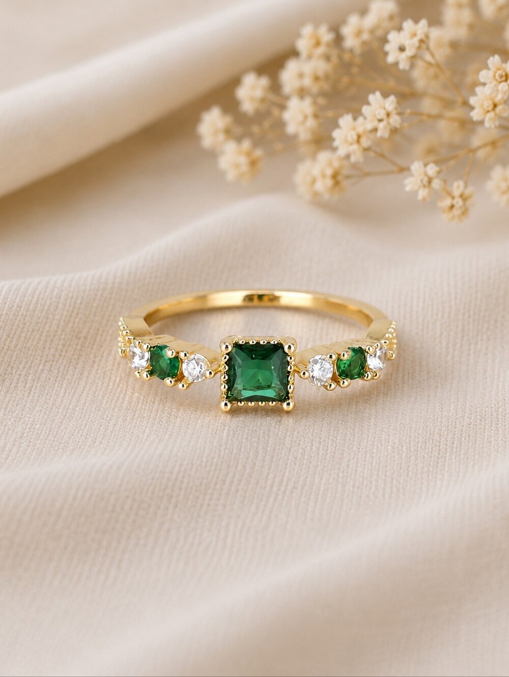 Emerald-Cut Green Crystal Gold Ring